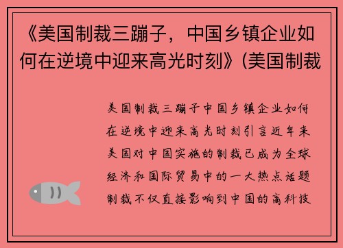 《美国制裁三蹦子，中国乡镇企业如何在逆境中迎来高光时刻》(美国制裁34家)